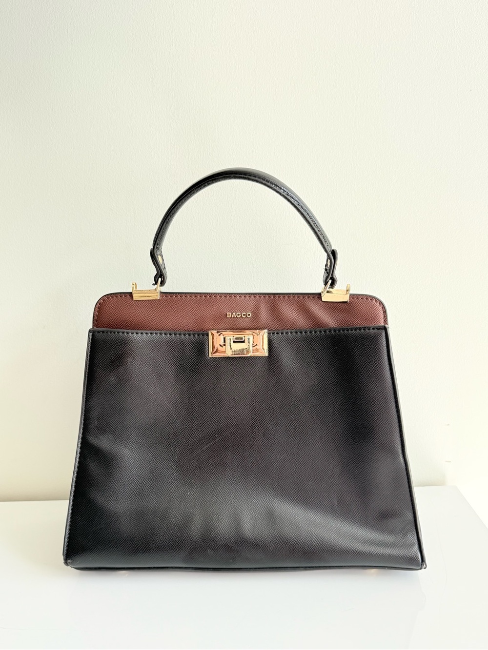 Two-Tone Black and Brown Structured Top-Handle Bag